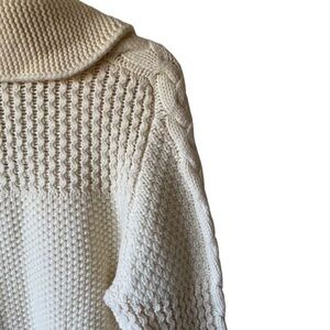 Reiss Lambswool Blend Fisherman Cable Knit Textured Ivory Shawl Collar Sweater